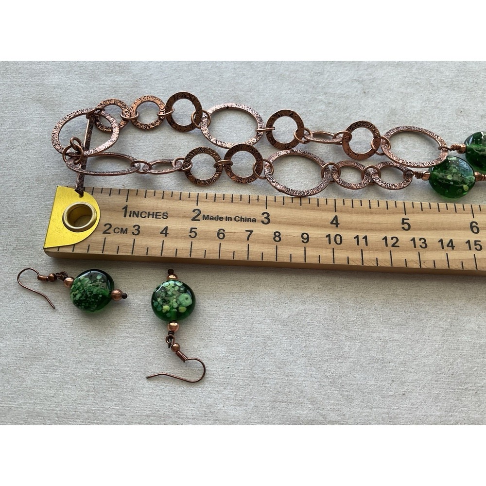 artisan copper and green glass jewelry set Earrings + Necklace Vintage Estate - Picture 6 of 8